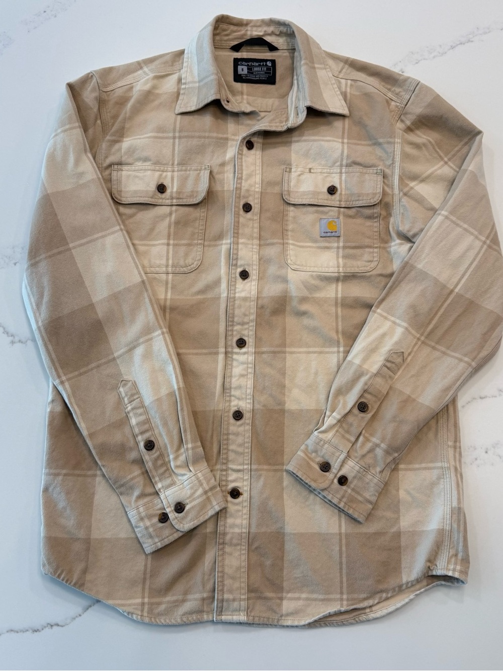 Carhartt men's plaid beige flannel loose fit work pocket heavy cotton size S